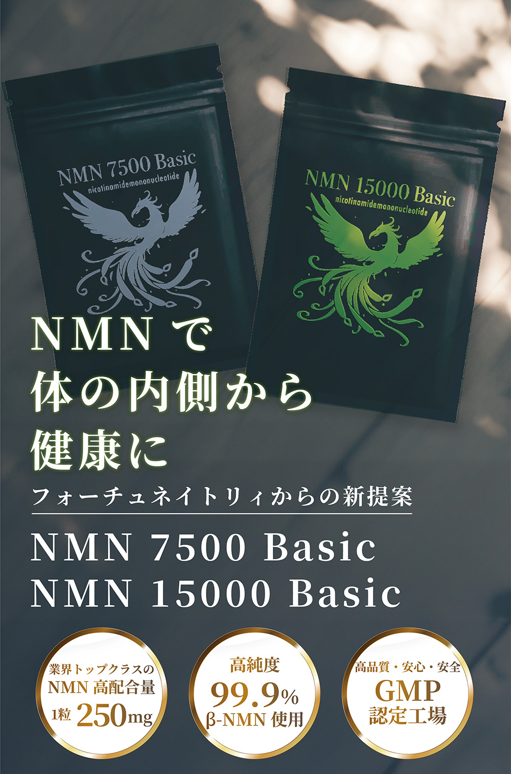 NMNで体の内側から健康に フォーチュネイトリィからの新提案 NMN 7500 Basic NMN 15000 Basic 業界トップクラスのNMN高配合量1粒250mg 高純度99.9％β-NMN使用 高品質・安心・安全GMP認定工場